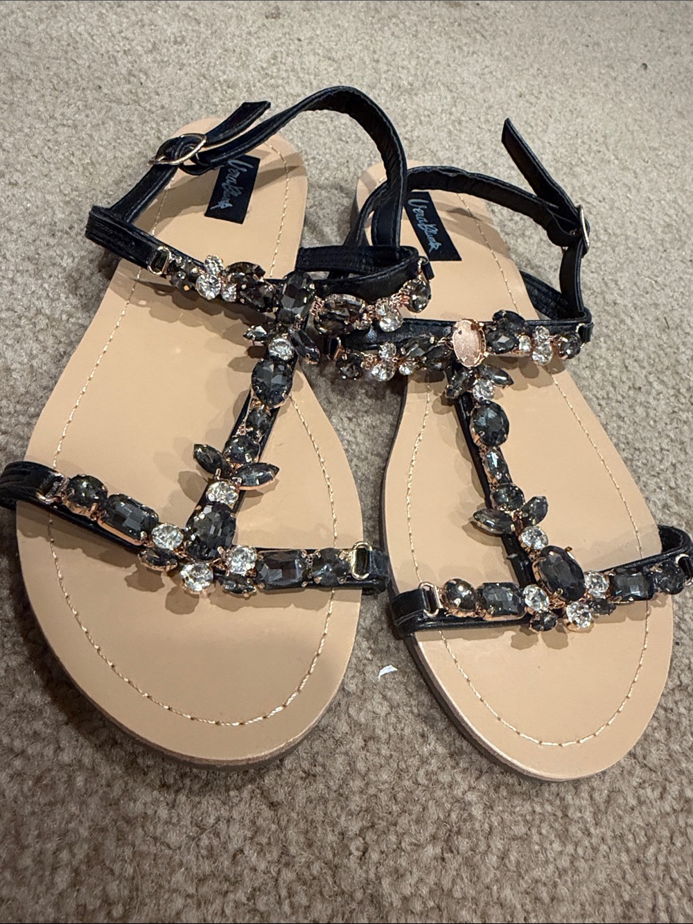 Never worn jeweled Black T-Strap Women's Sandals